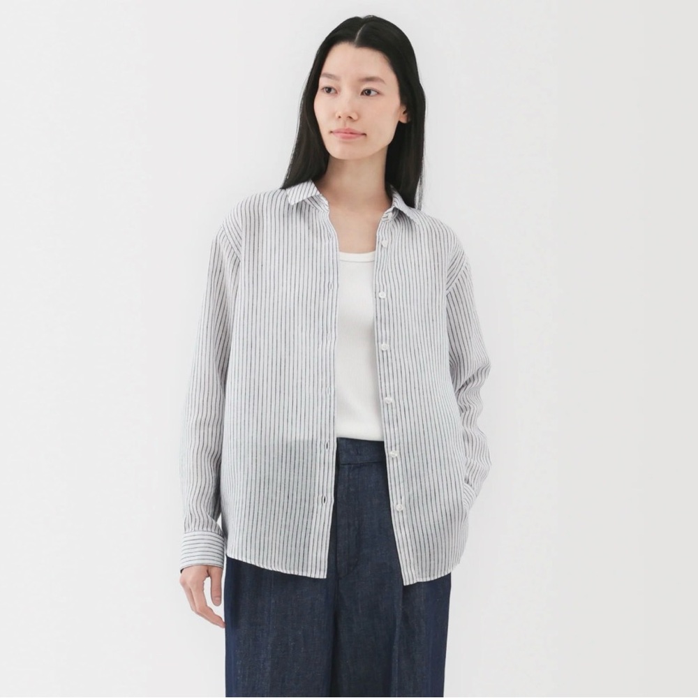 Muji Women's Washed Linen Shirt - Navy White Stripes
Size Small